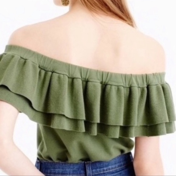 J Crew Olive Green Ruffles  Off Shoulder Crop Top - Picture 2 of 7